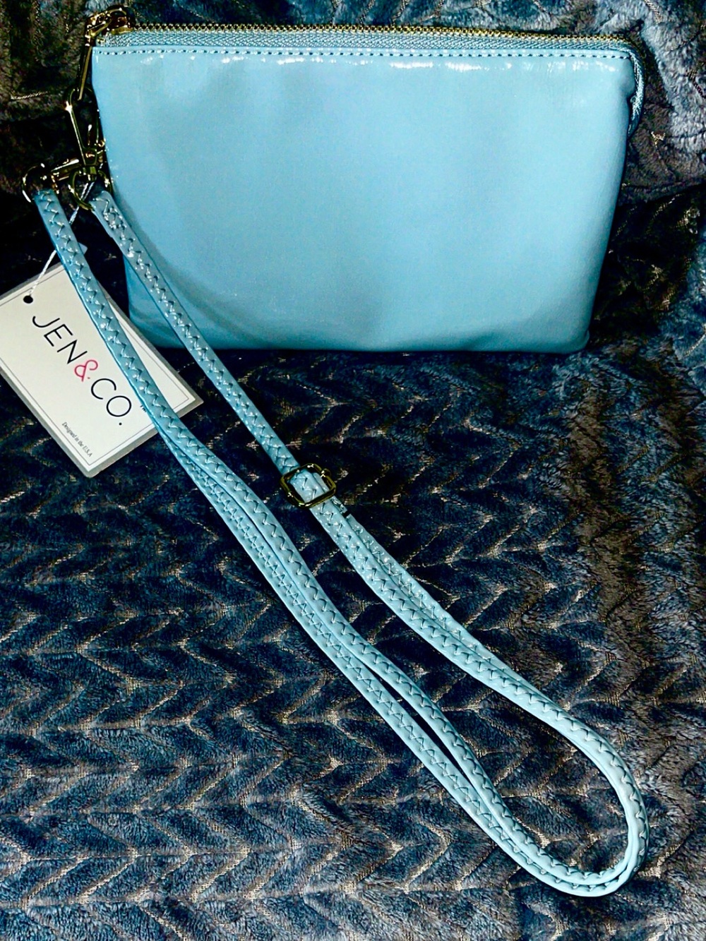 NWT Jen & CO. Vegan Light Blue Braided Adjustable Strap Crossbody Wristlet Bag